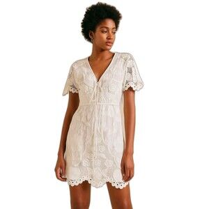Anthropologie Lace Cotton & Silk White V Neck Dress Size XS